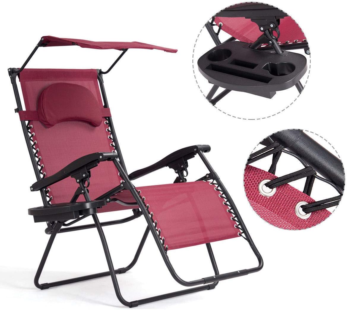 Top Quality555 Wine Red Portable Folding Zero Gravity Beach Chair With Canopy Recliner Lounge Camping Chair Cup Holder Chairs Patio Lawn Garden Snowrobin Jp