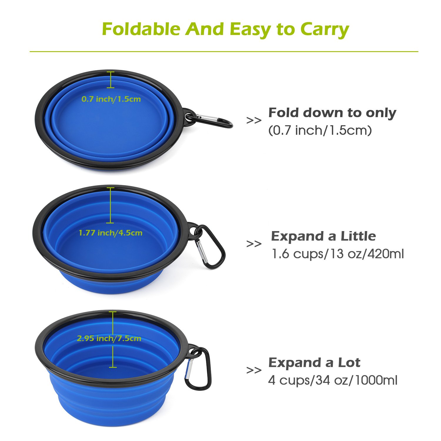 Collapsible Dog Bowl 2 Pack for Large & Small Pet Feed Food Water Feeding Silicone Foldable Expandable Portable Travel Camping Bowl with 2 Carabiner Blue and Gray
