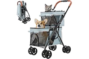 LPOTIUS Double Pet Stroller for Dogs and Cats, One-Hand Folding Dog Stroller Travel Carriage for Small Medium Dogs Cats, 4 Wheels, Blue