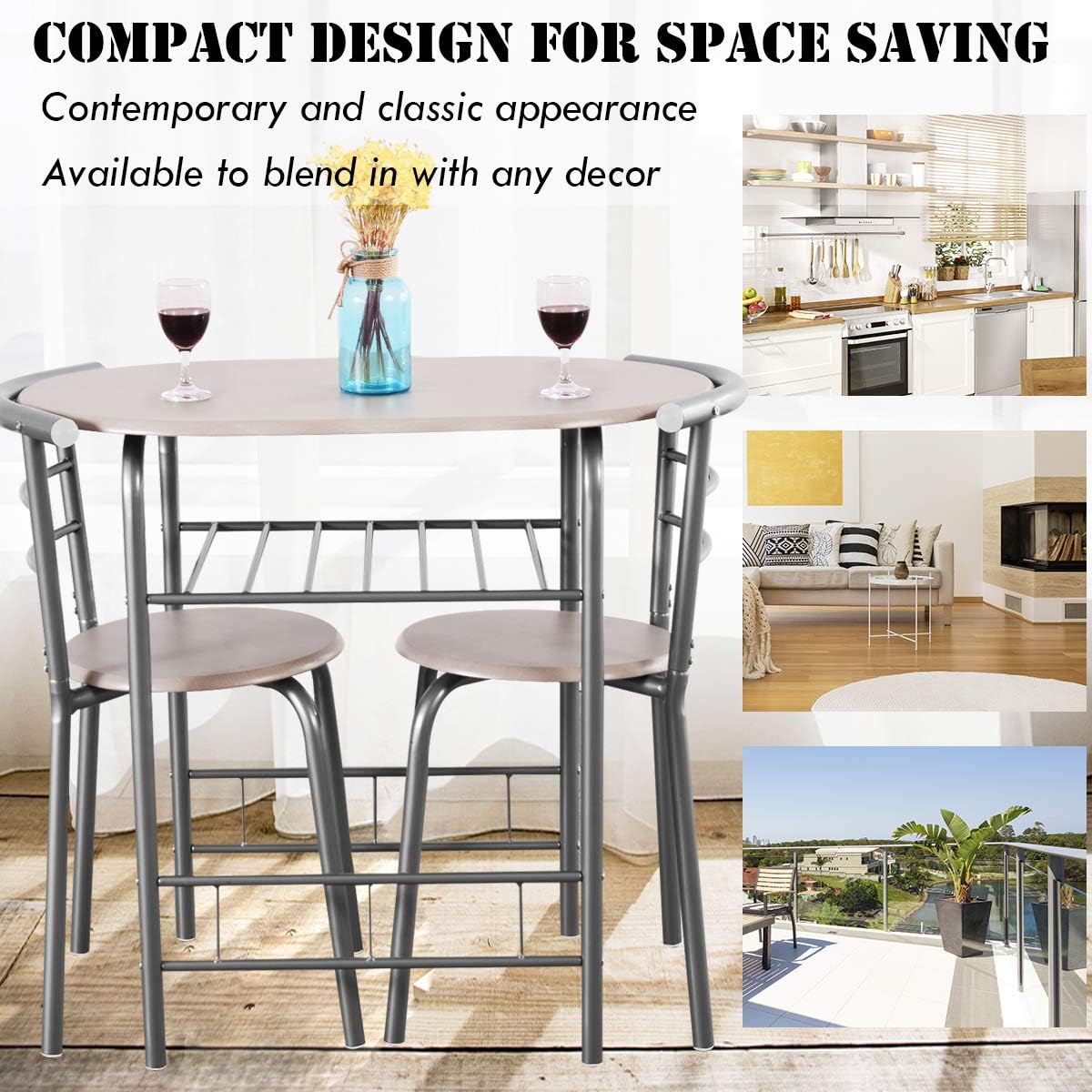 Giantex 3 Piece Dining Set Compact 2 Chairs and Table Set with Metal Frame and Shelf Storage Bistro Pub Breakfast Space Saving for Apartment and Kitchen (Beech) - Table & Chair Sets