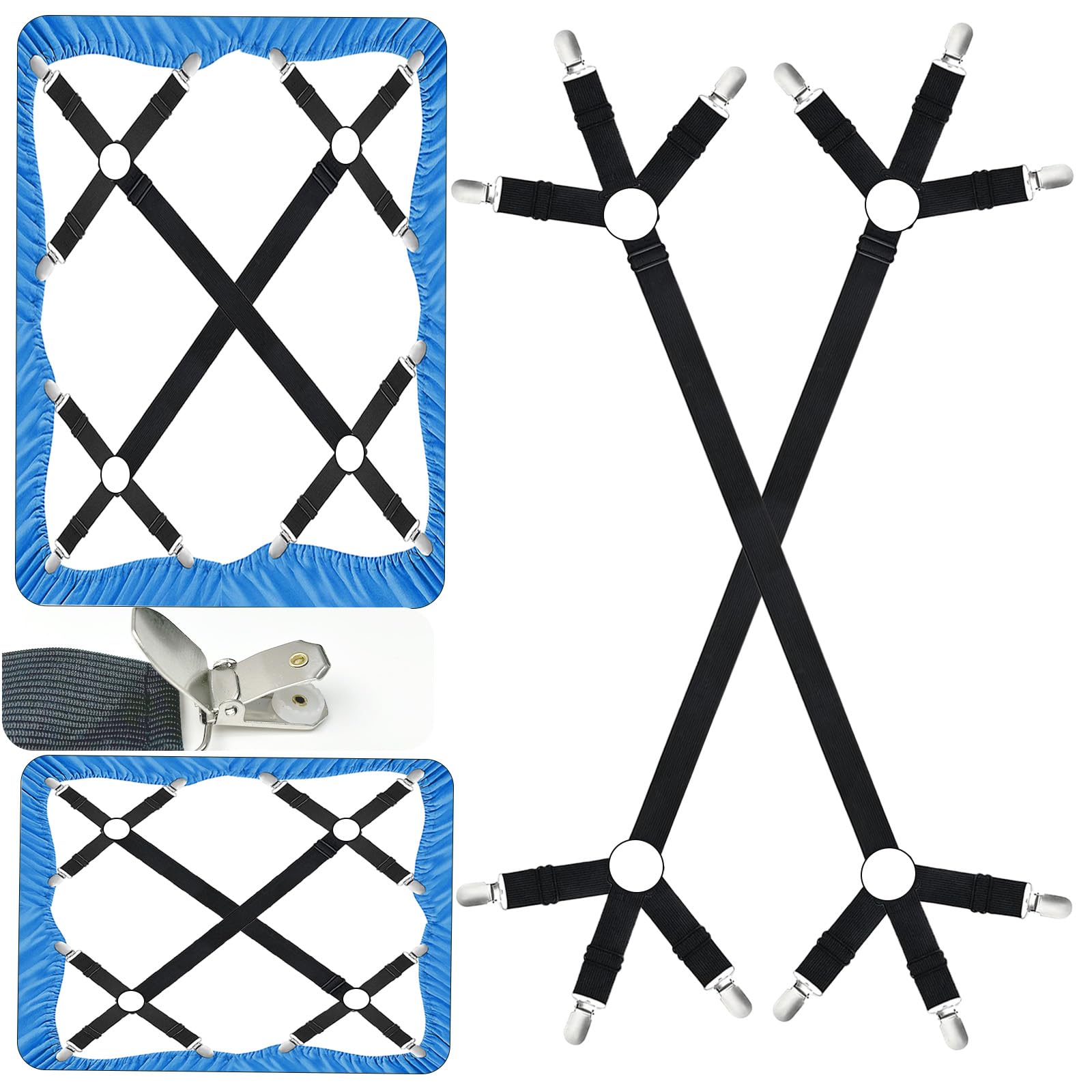 Tanxan 2 Pcs Fitted Heavy Duty Bed Sheet Clips for Bedding, Adjustable Bed Sheet Straps for Corners Keep Sheets Firm & Tight in Place, Universal Bed Sheet Clips Keeping Sheets Place, Sheet Suspenders
