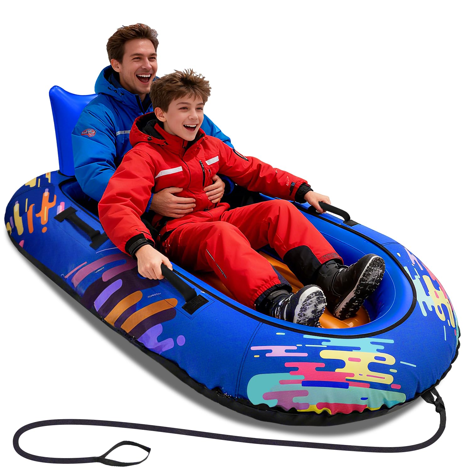 Photo 1 of Snow Tube for Adults 2 Person, Heavy-Duty Inflatable Snow Sled with 600D Fabric Cover, Backrest, Tow Rope & Reinforced Handles, Hyperzoo Winter Toboggan–Ideal for Family & Friends