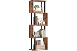 HOOBRO 5-Tier Bookshelf, S-Shaped Geometric Bookcase, Modern Display Shelf, Wooden and Metal Decorative Divider Rack, 2-in-1 