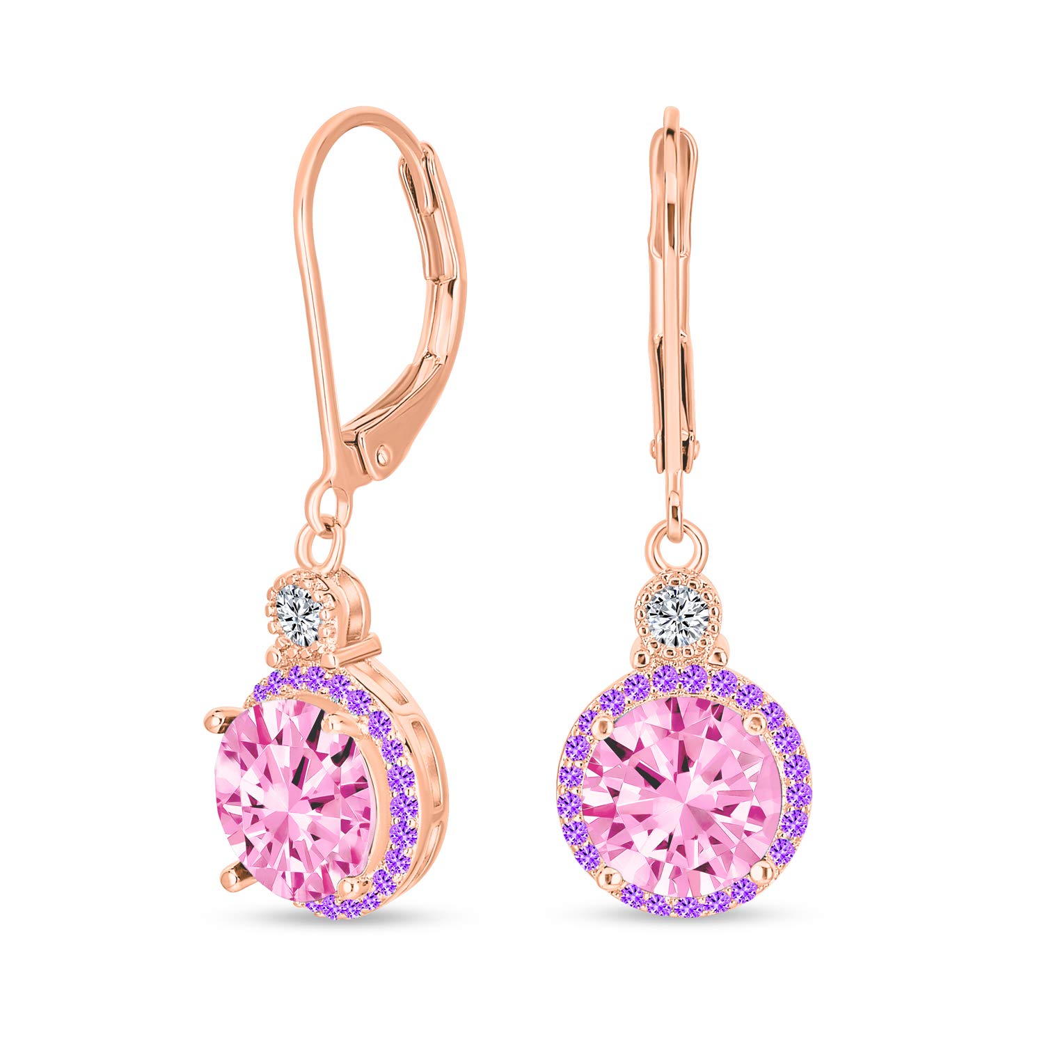 3.5CTW Round Cubic Zirconia Solitaire Pink CZ Drop Dangle Leverback Earrings For Women Rose Gold Plated Brass — image 1