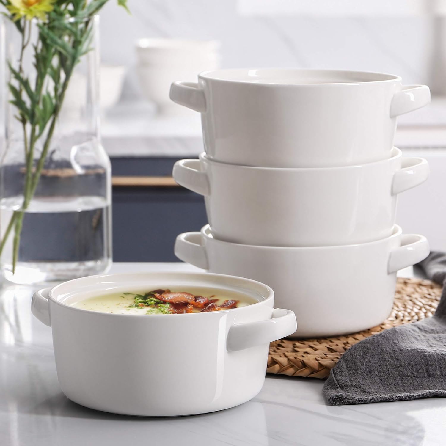 DOWAN Soup Bowls with Handles, 24 ounces Ceramic Serving Soup Bowl Set for kitchen, White French Onion Soup Crocks Oven Microwave Dishwasher Safe, Large Stackable Handled Bowls Set of 4: Health & Personal Care
