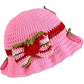 Pixellaire Cute Strawberry Hat Pink Bonnet with Bowknot Berry Knitted Bucket Hats Costumes Cosplay Accessory