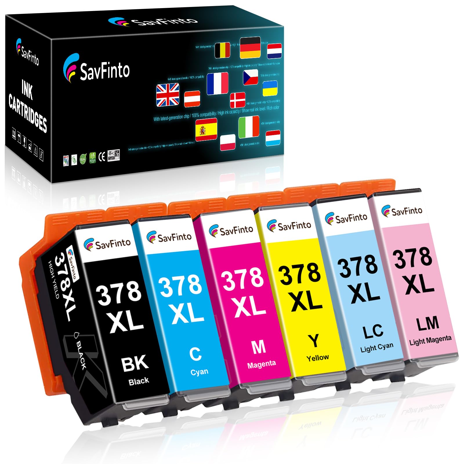 SavFinto 378XL Compatible Replacement for Epson 378 Ink Cartridges for Epson Expression Photo XP-8500 XP-8505 XP-8600 XP-8000 XP-8005 (Black, Cyan, Magenta, Yellow, Light Cyan, Light Magenta) 6 Pack — image 1