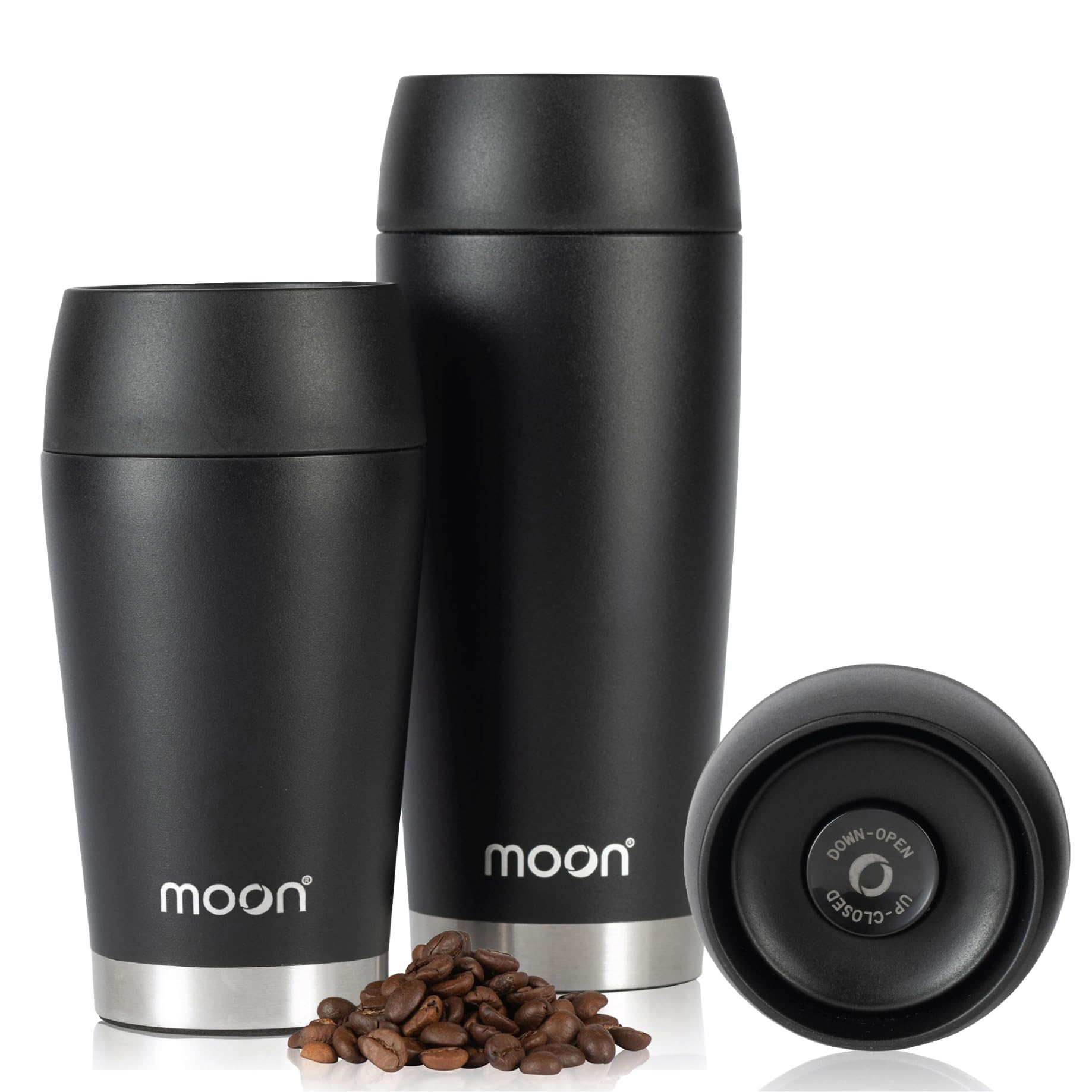 Moon 360° Thermobecher, Kaffeebecher to go thermo, Travel Mug 300ml, Coffee to go becher, Isolierbecher auslaufsicher - BPA-freie, Doppelwandiger Edelstahl, 100% dicht, 360°-Trinköffnung, Schwarz