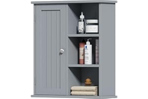 Treocho Bathroom Wall Cabinet, Medicine Cabinet with Door and 3 Open Shelves, Wall Mounted Storage Organizer for Bathroom, Kitchen, Living Room, Grey