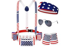 Silkfly 9 Pcs 4th of July Fanny Pack 250th Anniversary American Flag Beverage Beer Belt USA Belt Bag Suspenders Drink Holder 