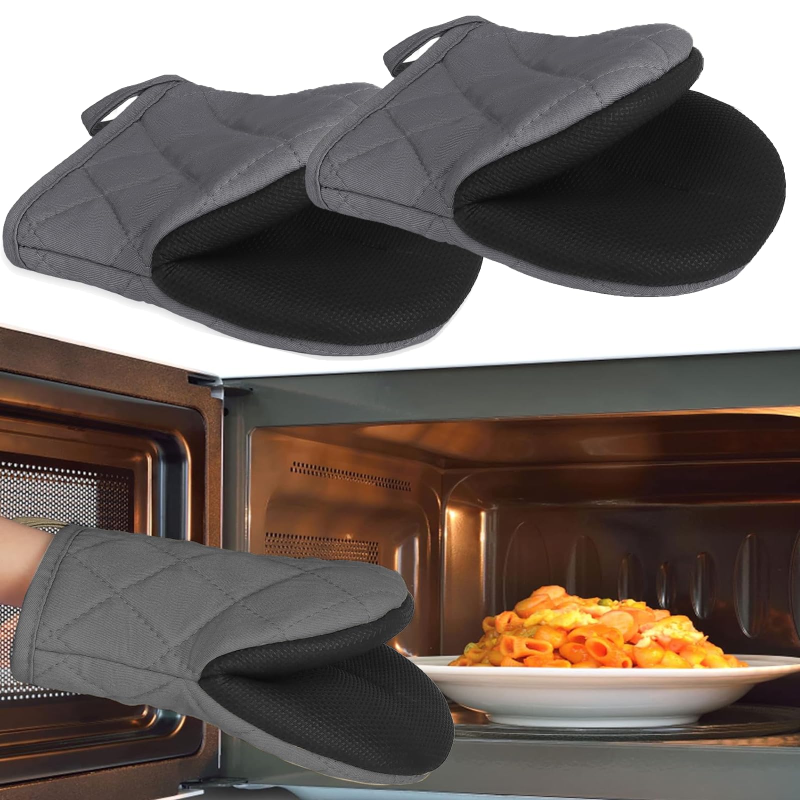 Norhogo 1 Pair Grey Short Oven Mitts, Non-slip Cooking Gloves with Hanging Buckles, Heat Resistant Silicone Kitchen Mini Oven Gloves, Thickened Duckbill Glove Clips for Microwave Ovens, Hot Pots
