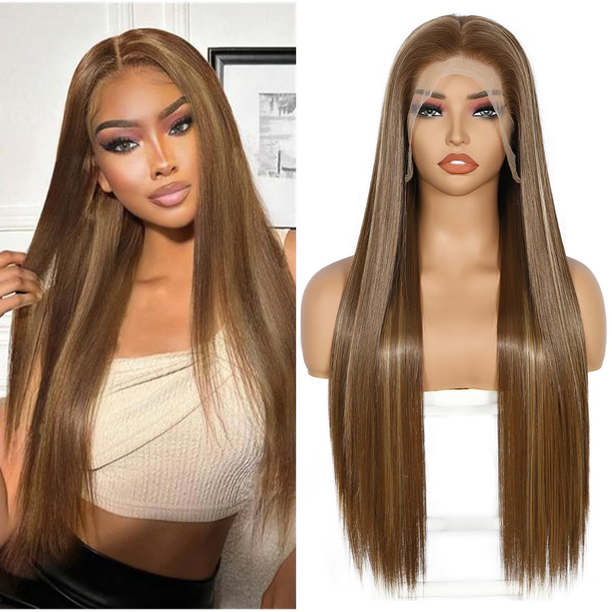 Sapphirewigs 13x6 Brown Straight Lace Front Wigs Long Straight Wig for Women Lace Front Synthetic Hair 150% Density Party Daily Wear Heat Resistant 26inch — image 1