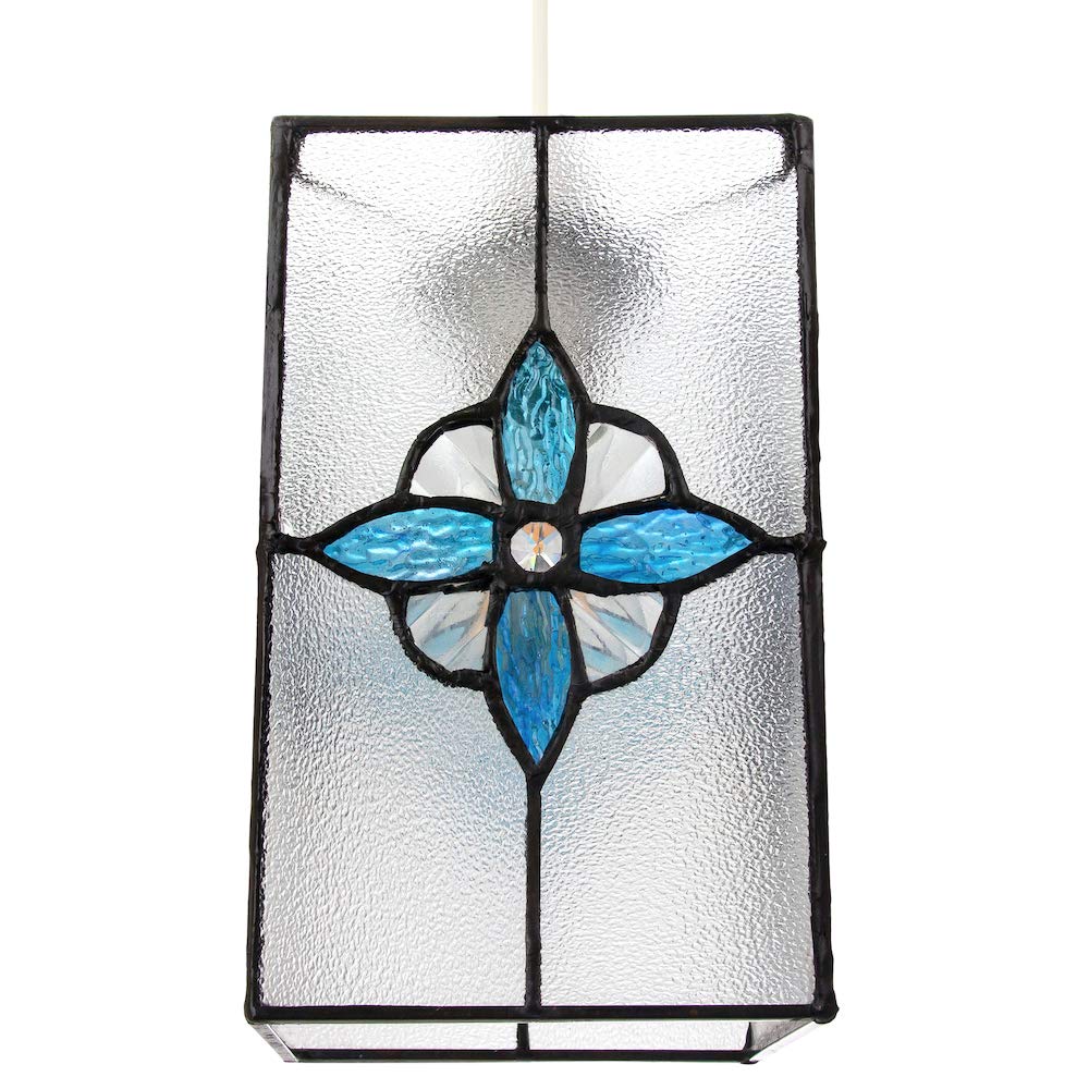 Traditional Clear Glass Tiffany Style Rectangular Pendant Light Shade with Teal Panels | 21cm Height | 60w Maximum by Happy Homewares