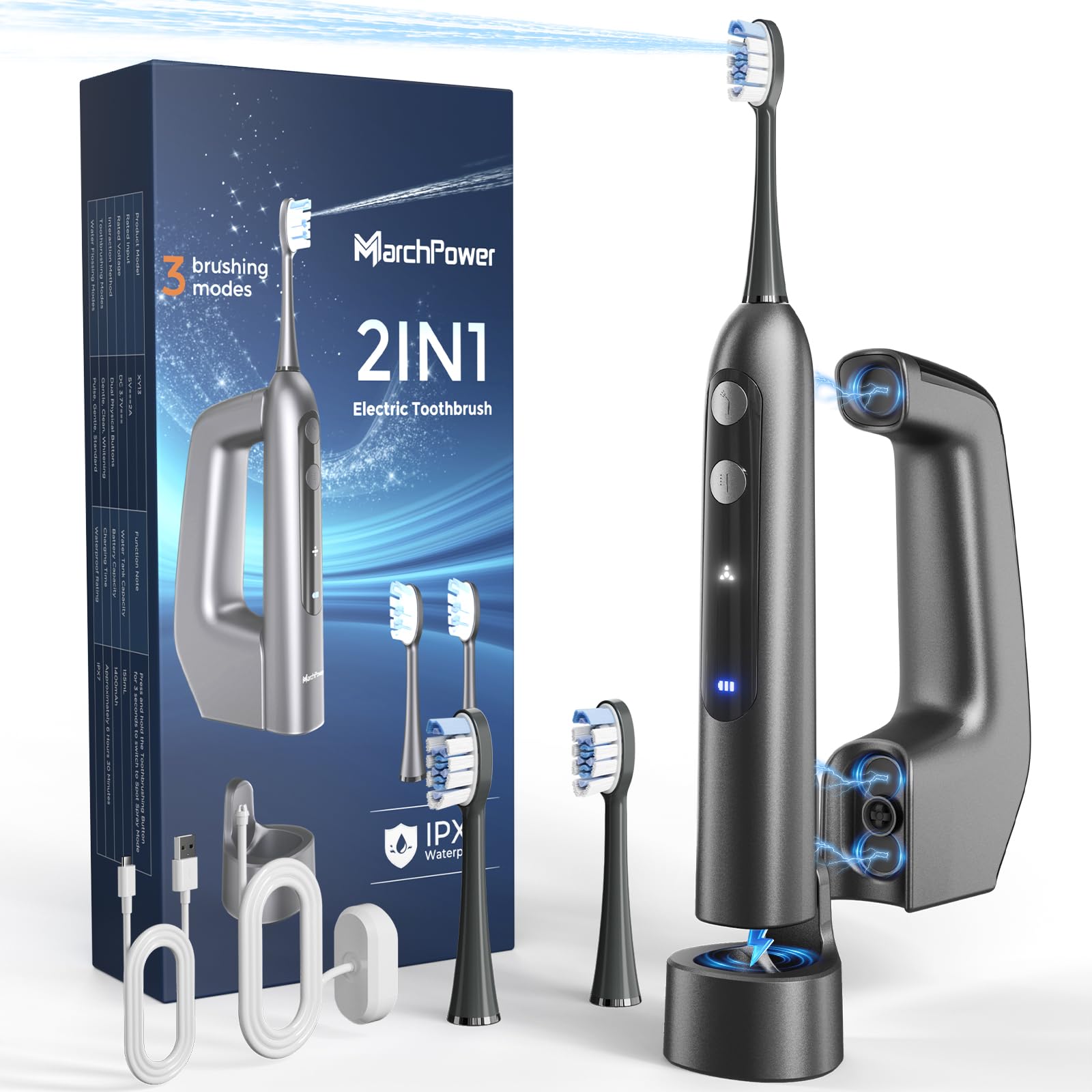 Marchpower 3-in-1 Elektrische Zahnbürste mit Munddusche, Oszillation, Vibration & Wasserflosser, 3+4 Modi, Profi-Schallzahnbürste mit 155ml Magnet-Wassertank, IPX7 Kombigerät 2 Bürstenköpfe, Spacegrau