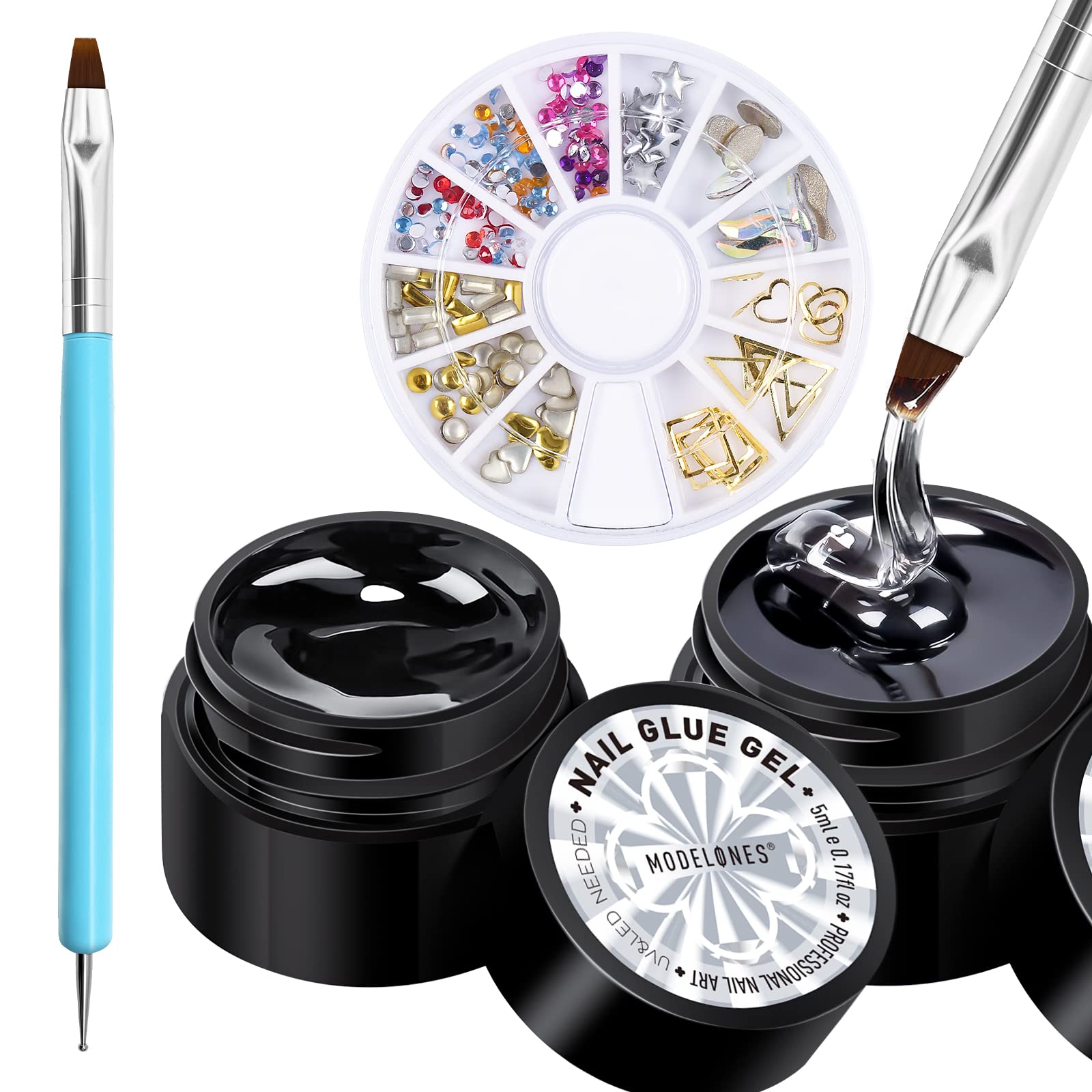 modelones Rhinestone Glue No Wipe Nail Gem Glue Super Strong Adhesive with Nail Charms & Dual-Use Brush, 2×5 ml