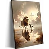Lion and Lamb Canvas Wall Art Lion of Judah Clouds Cross Painting Picture Wall Decor God Christian Religious Poster Print Artwork for Church Living Room Bedroom Home Decoration