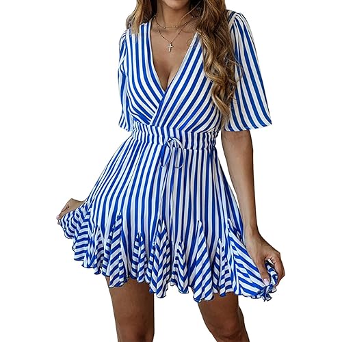 PRETTYGARDEN Women's Sexy Deep V Neck Short Sleeve Striped Wrap Ruffle Hem Pleated Mini Dress with Belt