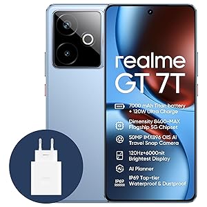realme GT 7T 5G Smartphone,12+256GB,Batteria 7000mAh,120W charge,Processore Dimensity 8400-MAX, Fotocamera IMX896 50MP, AI Planner, Display Pro-Esports da 6000 nit 120Hz,IP69,Blu, esclusiva Amazon