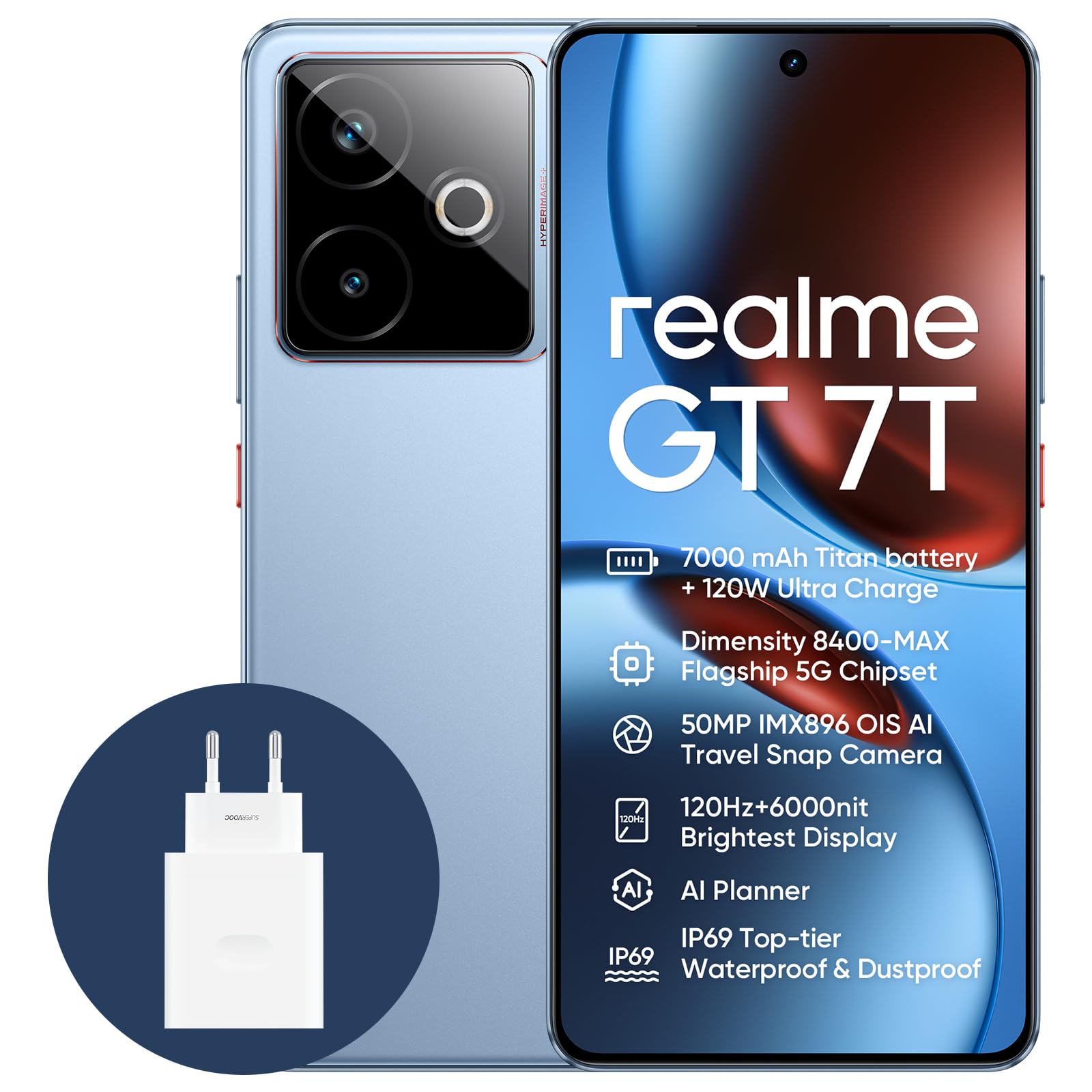realme GT 7T 5G Smartphone 12+256GB, IceSense Blue, 6.8 inch Screen, 120Hz Display, 120W Ultra Charge, 7000mAh Battery, 58MP AI Camera, MediaTek Dimensity 8400 Chipset, IP68