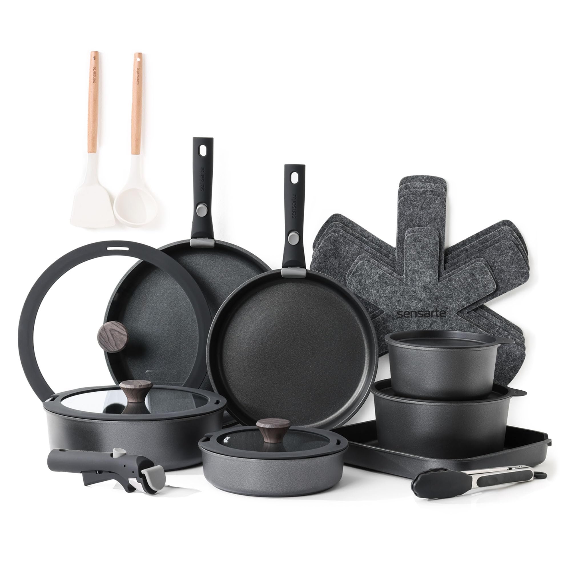 Photo 1 of SENSARTE 24 Piece Pots and Pans Set, Nonstick Detachable Handle Cookware, Induction Kitchen Cookware Set with Removable Handle, Healthy Non Stick for RV, Dishwasher?Oven Safe (Black)