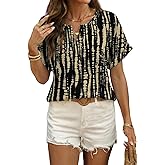 SHEWIN Women's Summer Casual V Neck Allover Print Tops American Vintage Texture Short Sleeve Boho Vacation Blouses Shirts