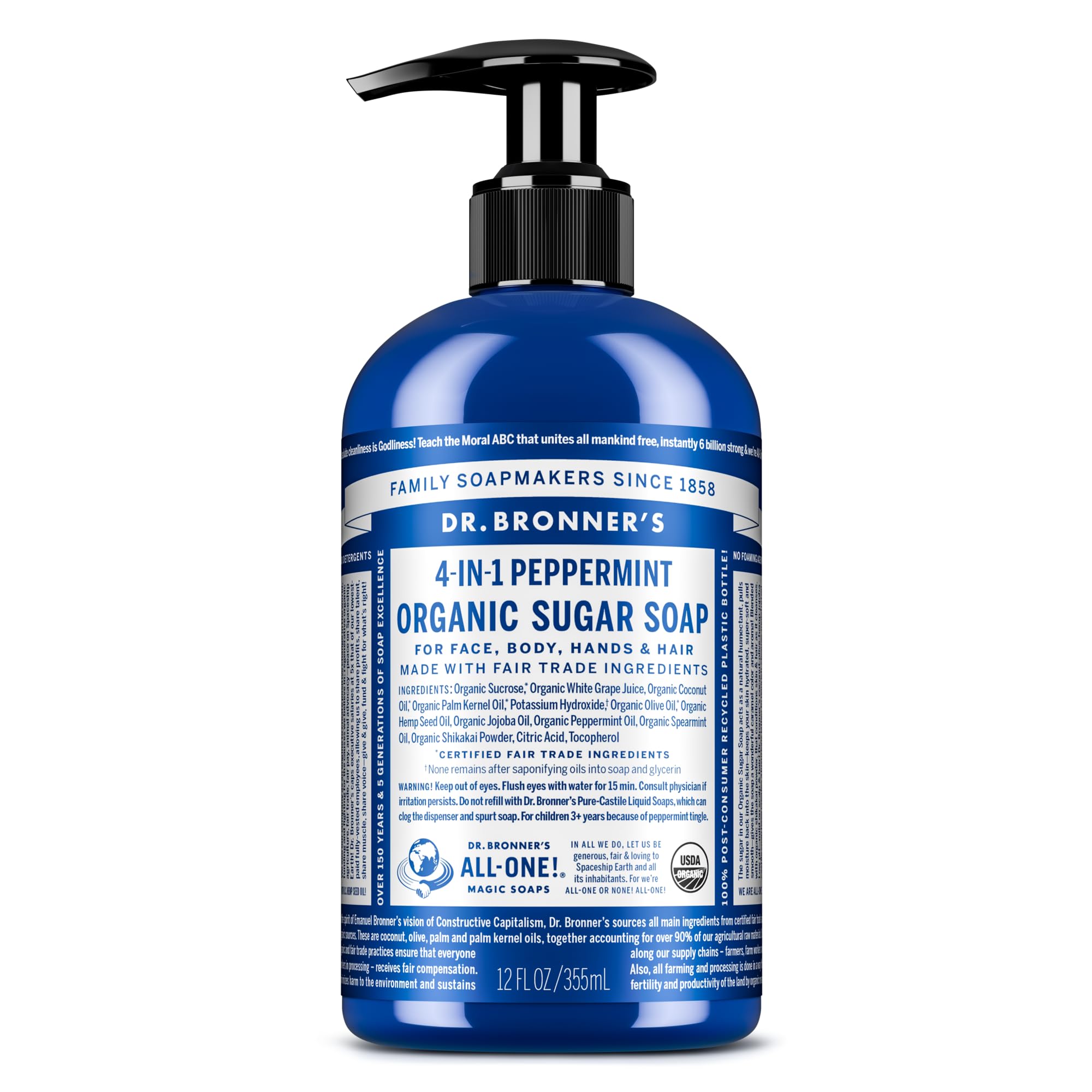 Dr Bronner’s 4-in-1 Organic Peppermint Soap, Made with Organic Oils and Shikakai Powder. For Hands, Body, Face & Hair. Fair Trade Certified & Vegan Friendly, 335ml Recycled Pump Bottle