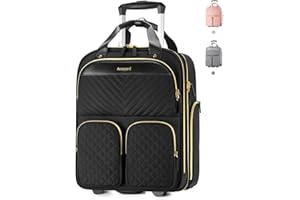 Arcoyard Underseat Carry On Luggage with Wheels, Multiple Compartments Airline Approved Personal Item Bag, Travel Carry-On with Leather Handle, Lightweight Rolling Suitcase for Women, Black Gold, L