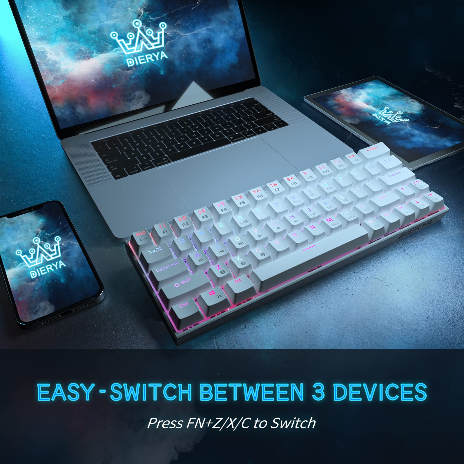 DIERYA DK63N 60% Wireless Wired Mechanical Gaming Keyboard, RGB Backlit Bluetooth Keyboard w/Arrow Keys, 63 Keys Ultra-Compact Keyboard Full Keys Programmable w/Blue Switch for Windows Laptop PC Mac