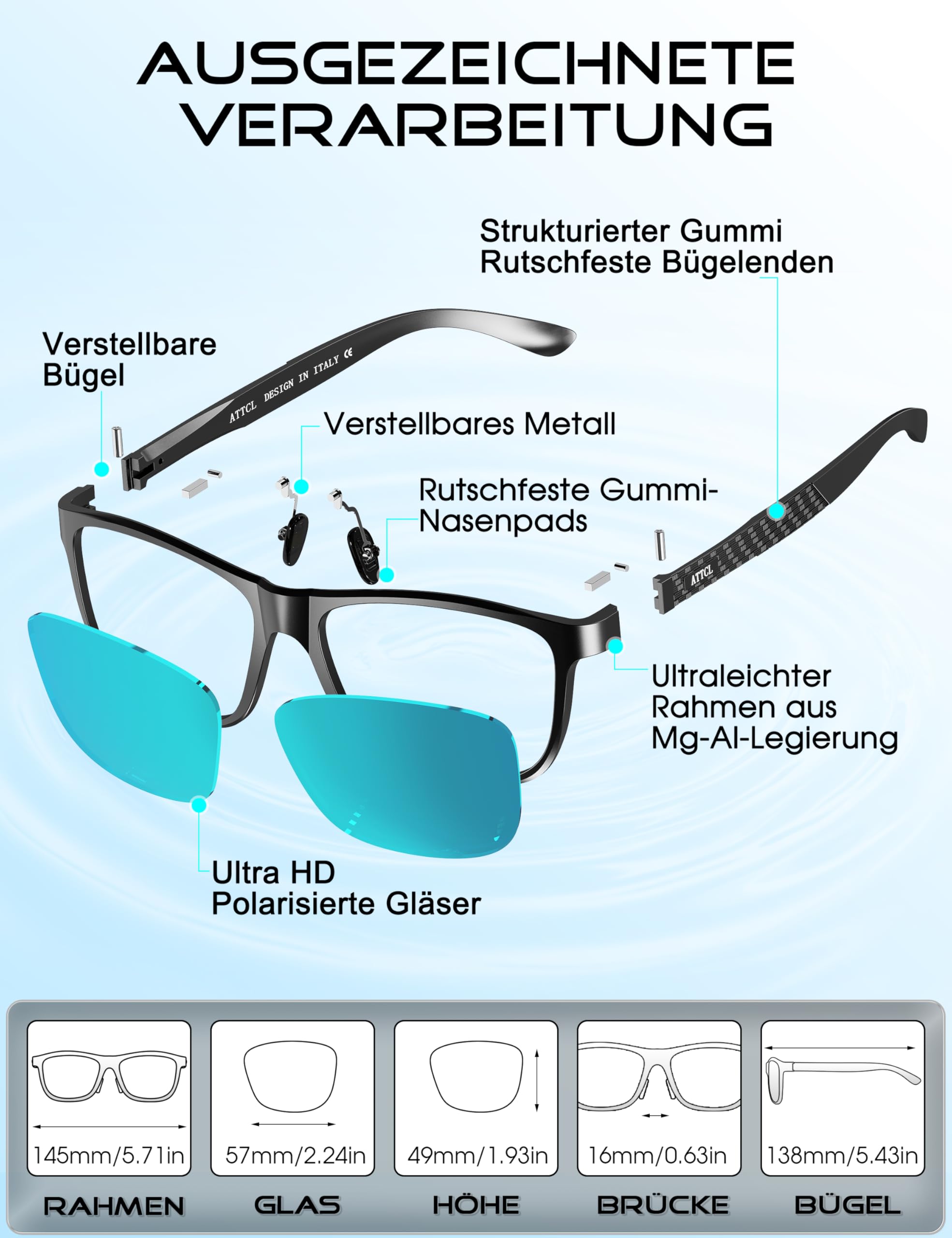 ATTCL Sonnenbrille Herren Polarisiert Für Autofahren: UV400 Schutz Leicht AL-MG Rahmen Verspiegelte Scheibe Wanderung Reise 8587 Schwarz Blau Verbessert 7