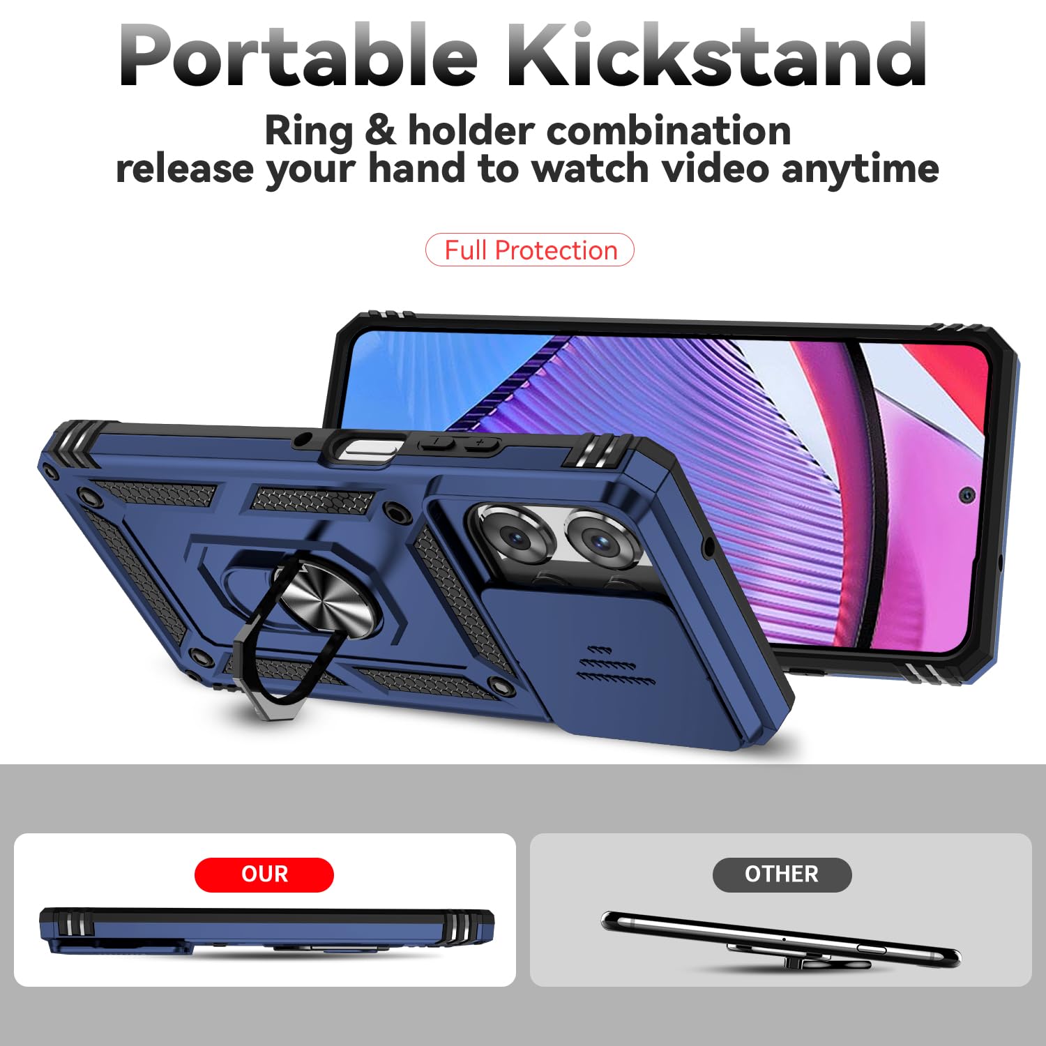 for Moto G Power 2025 Case, with Camera Lens Cover Screen Protector, Dual Layer Military-Grade Drop Tested Magnetic Ring Holder Kickstand Protective Phone Case for Moto G Power 2025 (Navy Blue)