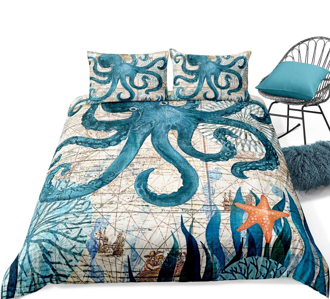 Loussiesd Ocean Octopus Duvet Cover Set Single Size Sea Animals Print Bedding Set Blue for Kids Boys Girls Soft Microfiber Comforter Cover with 1 Pillow Shams, Retro Nautical Marine Life 2 Pcs, Zipper — image 1
