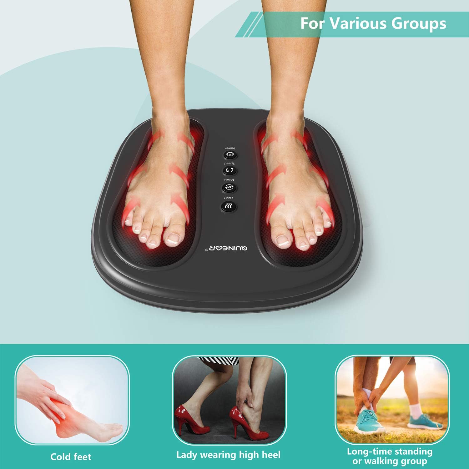 QUINEAR Foot and Back Massager with Infrared Heat, Shiatsu Kneading Feet Massage Machine Relieve Plantar Fasciitis Pain, Improve Circulation - 2 Speed & 2 Modes Fit All Size Feet: Health & Personal Care