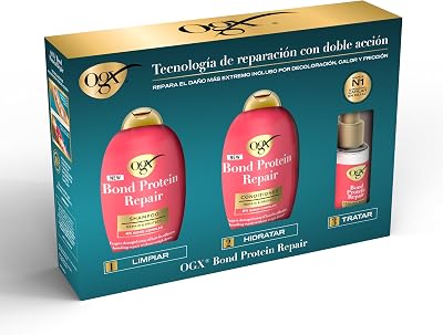 Rotina de Reparação de Proteínas Bond com champô OGX (385ml), amaciador (385ml) e sérum capilar (50ml), tratamento hidratante para cabelo seco e danificado, fortalece a fibra capilar, sem sulfatos