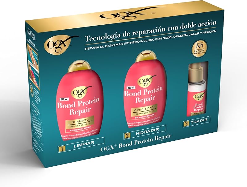 Bond Protein Repair Rutina con Champú OGX (385ml), Acondicionador (385ml) y Sérum Pelo(50ml), Tratamiento Hidratante Cabello para Pelo Seco y Dañado, Refuerza la Fibra Capilar, Sin Sulfatos