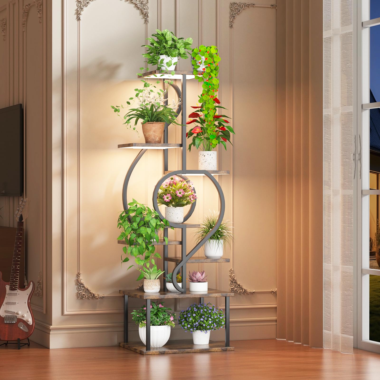 Photo 1 of YAKANJ Plant Stand Indoor with Grow Light,8 Tiered Indoor Plant Stand,58" Tall Plant Flower Shelf,Creative Note Shaped Plant Holder for Home,Patio,Brown