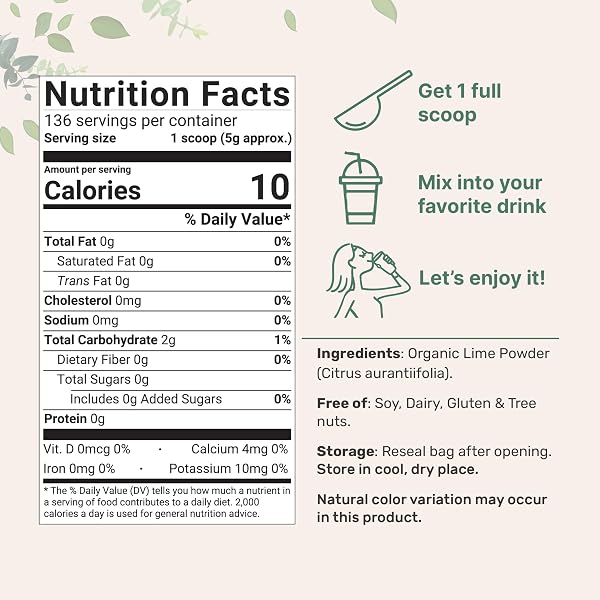 ORGANIC LIME POWDER, 1.5LBS | 100% NATURAL FRUIT POWDER | FREEZE DRIED LIMES SOURCE | NO SUGAR & ADDITIVES | GREAT FLAVOR FOR DRINKS, SMOOTHIE, & BEVERAGES | NON-GMO & VEGAN FRIENDLY