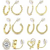 Sanfenly Clip On Earrings for Women 14K Gold Plated Non Pierced Gold Clip On Hoops Earrings Small Cute Chunky CZ Heart Adjustable No Piercing Earring Hypoallergenic Fake Earrings Set(12 Pcs Gold/Silver)