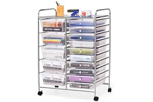 KOTEK 15-Drawer Rolling Storage Cart, Multipurpose Mobile Utility Cart with 4 Wheels, Home Office School Tools Scrapbook Paper Organizer (Clear)