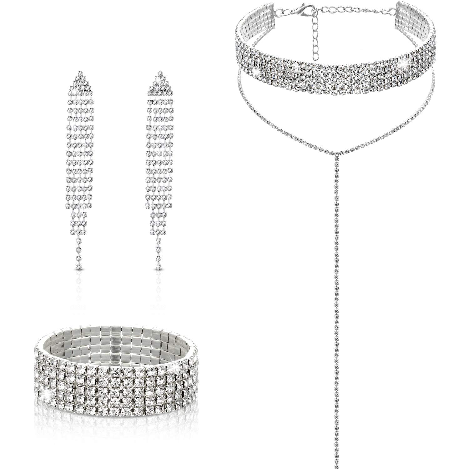 Hicarer Gothic Glamour Diamond Tassel Jewelry Set, Silver Rhinestone Stretch Bracelet, Chandelier Tassel Dangle Earrings, Gothic Long Choker Necklace