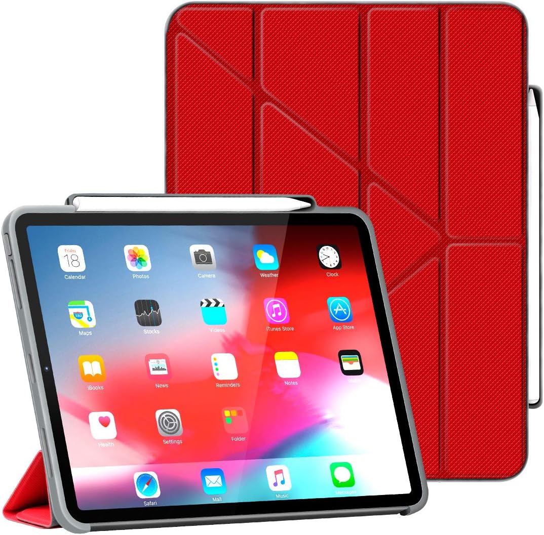 Premium Case for iPad Pro 11 inch 2018 with Stylus Holder - Apple Pencil Charging, Smart Foldable 5 Origami Secure Stand Angles, Auto Sleep/Wake Soft Inner Screen Protector Cover (Red)