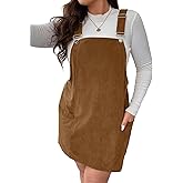 WDIRARA Women's Plus Size Corduroy Sleeveless Short Pinafore Overall Dress with Pocket