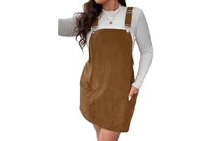 WDIRARA Women's Plus Size Corduroy Sleeveless Short Pinafore Overall Dress with Pocket