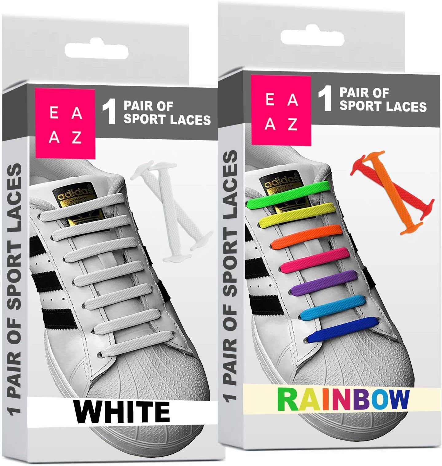 Elastic Shoelaces (2 Packs), Magic Silicon Laces No Tie Adults and Kids, Black, White, Grey, Orange, Pink, Blue, Yellow, Purple. [Satisfied or Refunded 30 days]