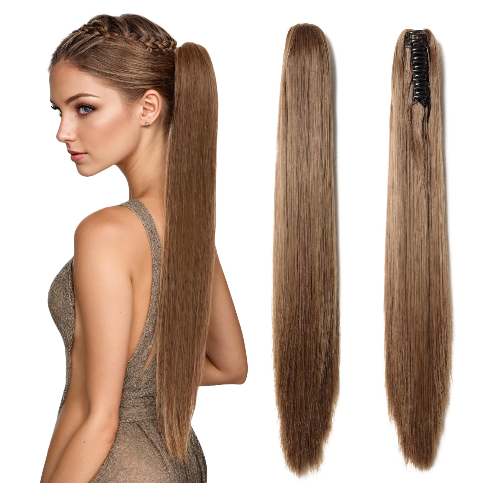 TESS Claw Clip in Ponytail Hair Extensions, 21 Inches Straight Ponytail Extension #12W Medium Brown Hair Extensions Clip in Brown for Women 140g
