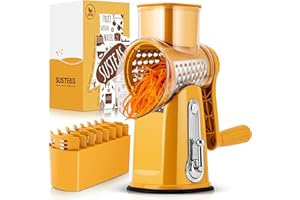 SUSTEAS Rotary Cheese Grater with Handle - Vegetable Shredder with 5 Well-designed Blades & Strong Suction Base,Round Mandoline Slicer & Food Chopper for Kitchen,with Blade Storage Box(Yellow)