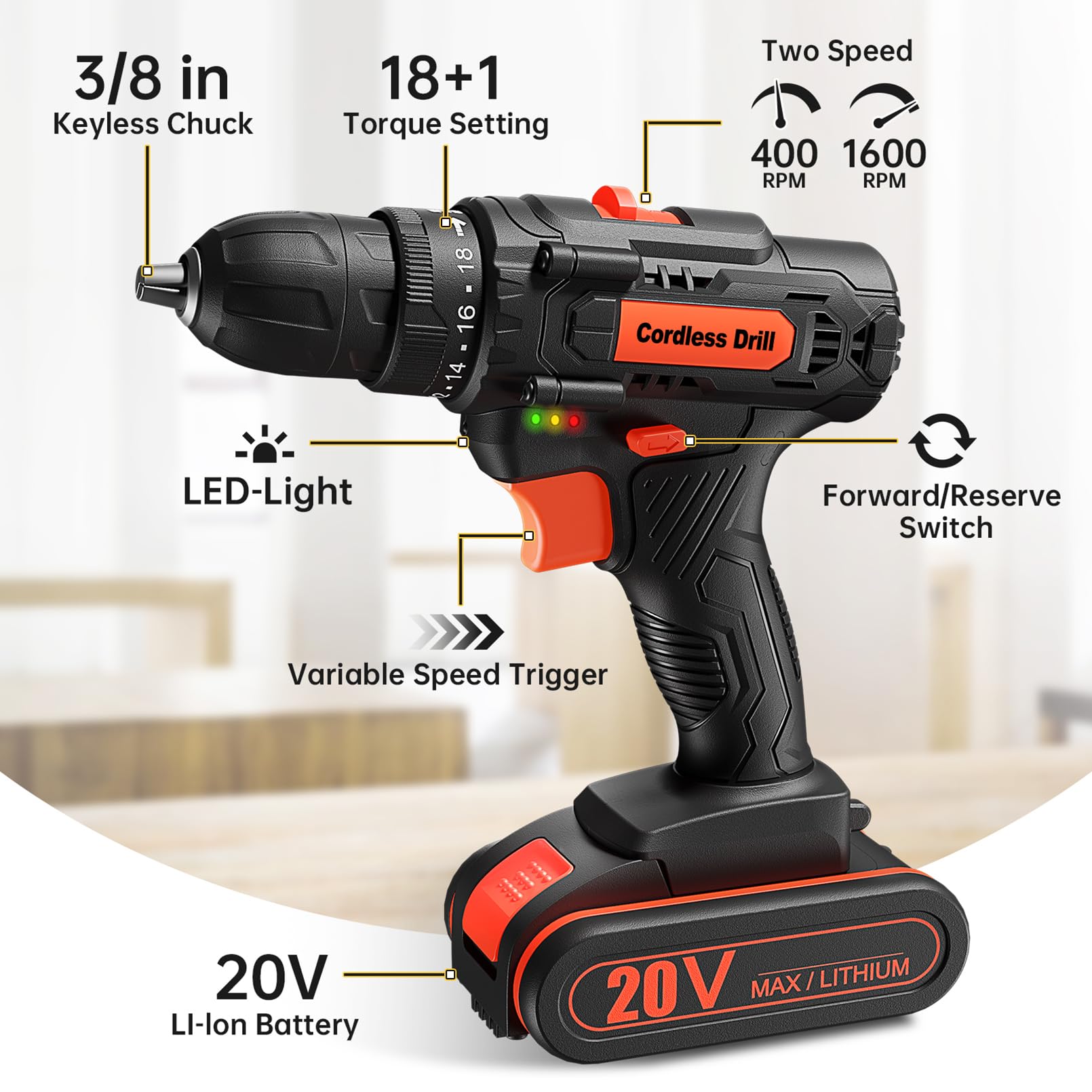 Cordless Drill 20V, Drill Set with 42pcs Accessories and Battery 2.0Ah, ElectricDrill 25+1 Torque Setting, 2 Speed, 3/8