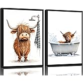 2 Pcs Framed Highland Cow Bathroom Wall Art Fun Brown Cute Highland Cow Wall Decor Vintage Country Farmhouse Canvas Picture Poster Bathroom Prints Kids Room Restroom Ready to Hang 12x16Inch