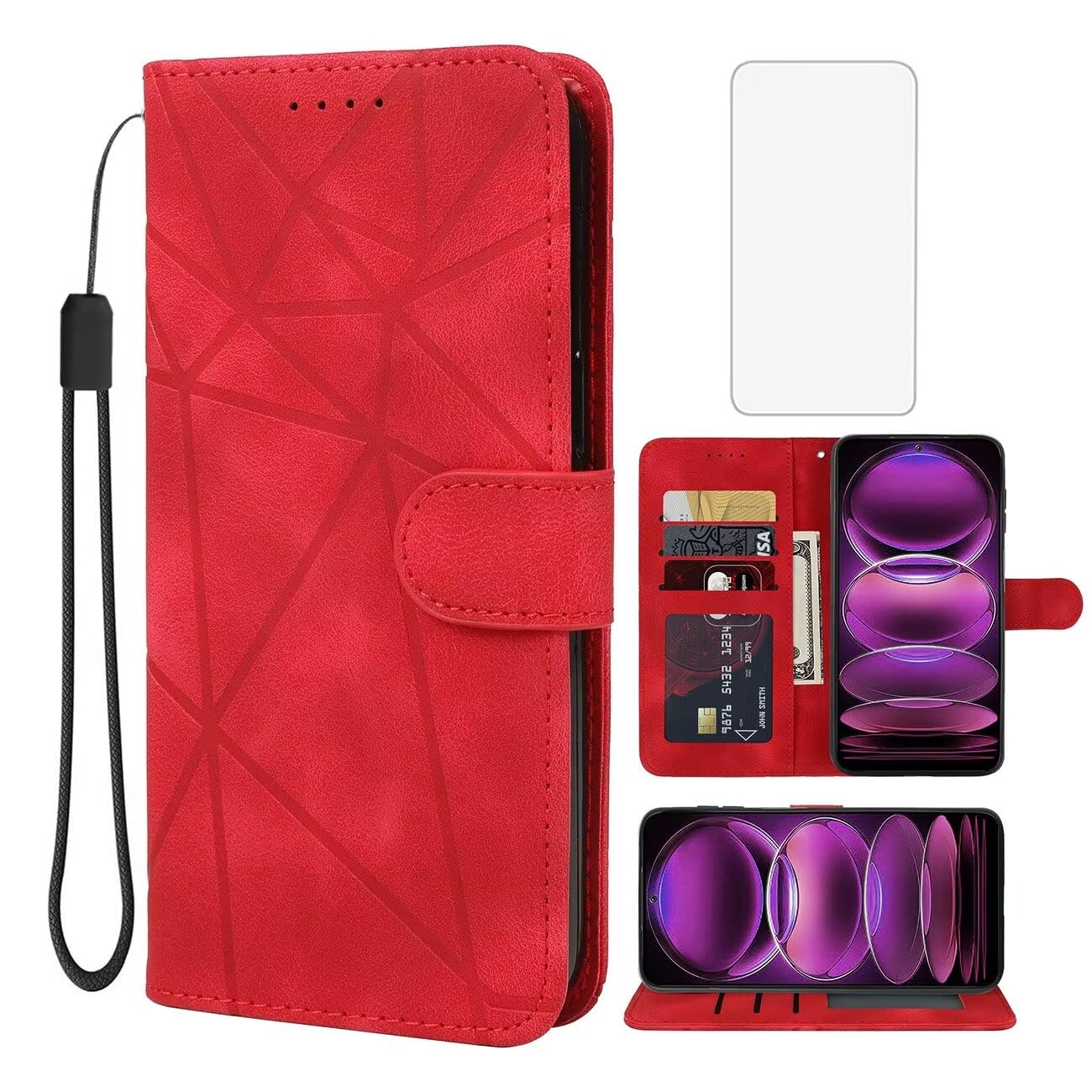Wanyuexes Red Leather Flip Case for Xiaomi Redmi 12 Series with Tempered Glass Screen Protector, Kickstand, Card Holder, Wireless & Magnetic Closure
