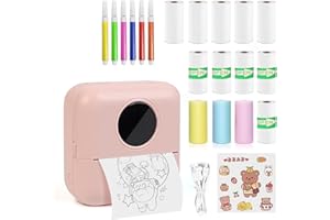 MXiiXM Mini Sticker Printer, Portable Pocket Smart Inkless Thermal Printer with 13 Roll Papers, Bluetooth Mini Printer for Notes, Photos, Stickers, Labels, Receipts (Pink)