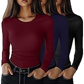 Velvelhall 3 Pack Women's Long Sleeve Shirts, Crew Neck Side Ruched Tops Slim Fit Casual T Shirts Basic Fashion Tight Tees